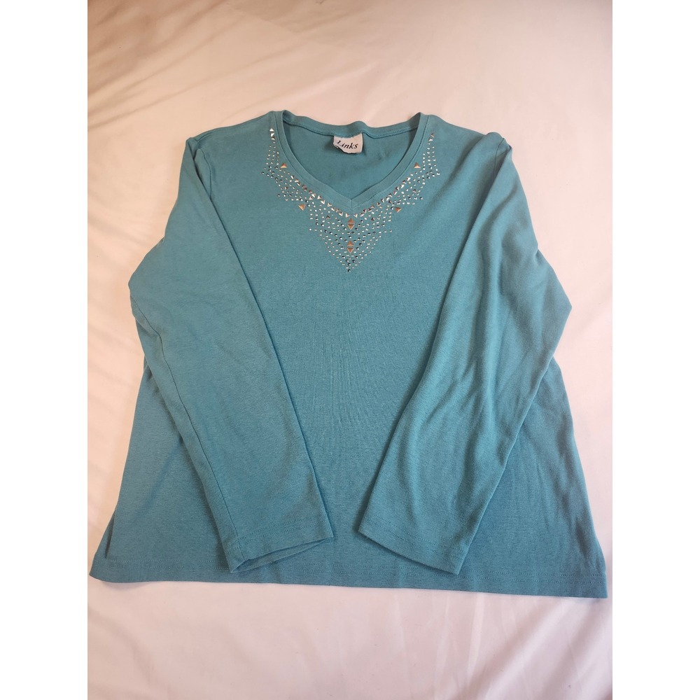 Links Teal V-Neck Long Sleeve Top Studded Rhinestone Embellished Blue Knit